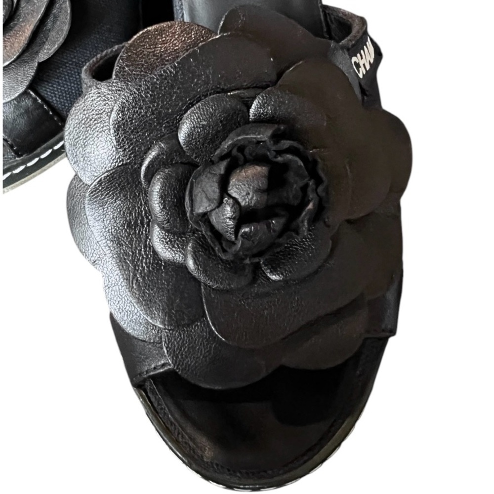 💗CHANEL Canvas Leather Camellia Slide On Platform Wedge Sandals • BLACK • 36.5EU - Picture 6 of 12